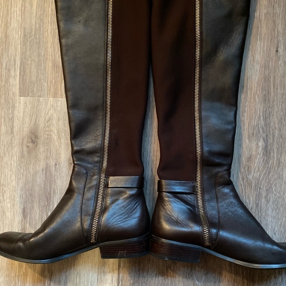 Michael Kors Hamilton Stretch Dark Brown Leather Riding Boots with Gold Accents - Picture 4 of 7